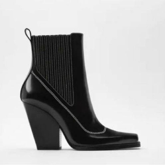NWT ZARA Topstitched Black Patent Leather Western Boots Heeled Square Toe